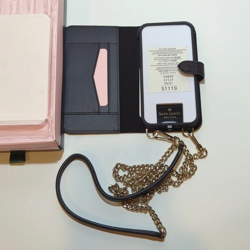 kate spade iPhone 12 MINI Magnetic Wrap Folio on a Removeable Chain Black NEW
